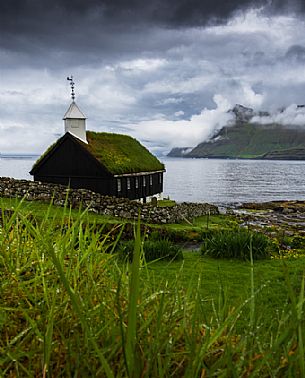 Traditional church of Funningur village,  Eysturoy island, Faeroe islands, Denmark, Europe